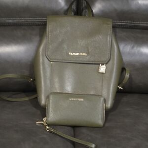 Michael Kors Forest Green Backpack and Wallet Set